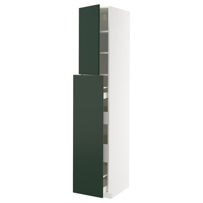 A green METOD kitchen cabinet with two doors and shelves inside. Its tall, rectangular, and has a modern design.