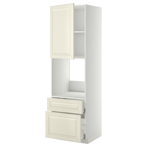 An off-white METOD kitchen cabinet with bevelled edges, featuring adjustable shelves and drawers.