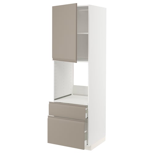 An ikea METOD kitchen unit in white with grey-beige drawers and door, showcasing a modern design with a chamfered edge and integrated handles.