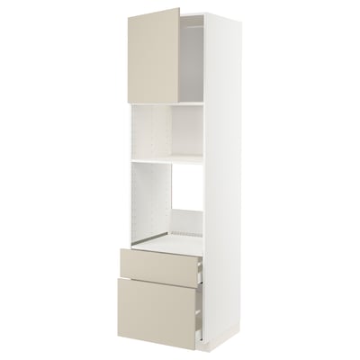 A white and beige METOD kitchen cabinet with adjustable shelves and drawers. The cabinet has a modern, minimalist design with smooth surfaces.