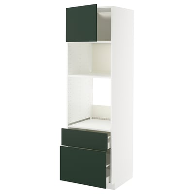 White ikea METOD kitchen unit with green doors, adjustable shelf, and ventilated shelf.