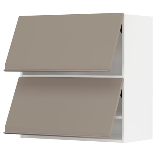 Two tan-colored kitchen cabinets with angled tops and built-in handles, stacked vertically.