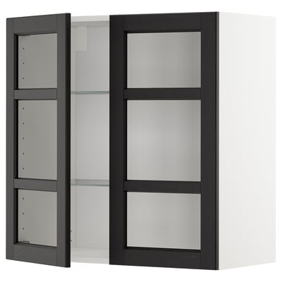 METOD Wall cabinet w shelves/2 glass drs, white/Lerhyttan black stained, 80x37x80 cm