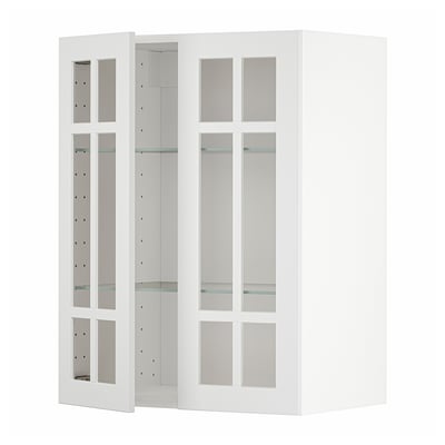 METOD white kitchen cabinets with glass doors, modern design, adjustable shelves.