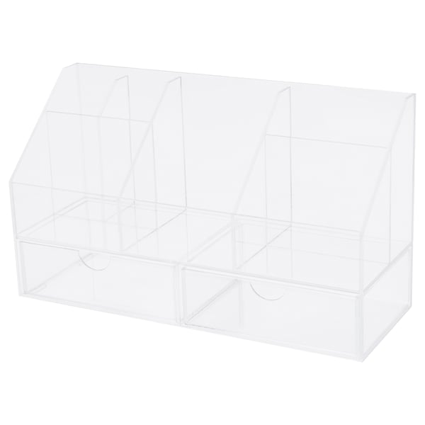 MOJAN clear acrylic make-up organiser with compartments and 2 drawers for storing cosmetics and jewellery.