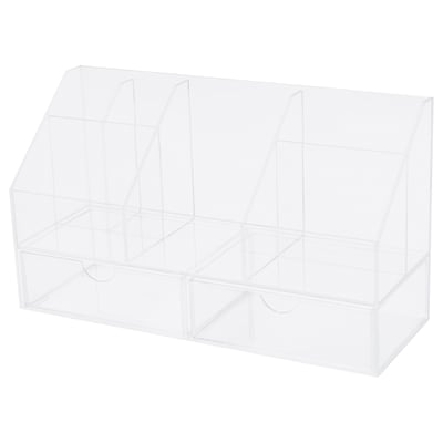 MOJAN clear acrylic make-up organiser with compartments and 2 drawers for storing cosmetics and jewellery.