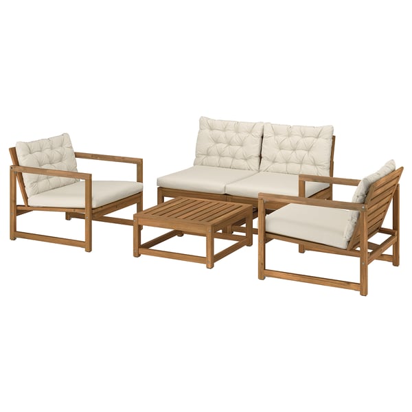 Outdoor furniture set with 2 chairs, a sofa, and a table. Made of acacia wood and beige cushions. Simple, chic design.