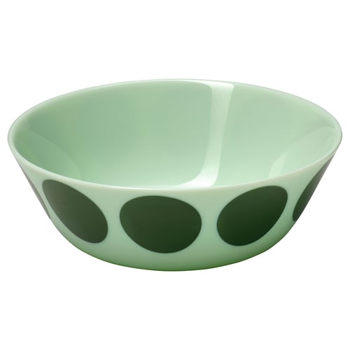 Ofast bowl - green glass, round shape, five black dots design.