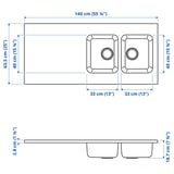 OLOFSJÖN Worktop with 2 integrated sinks, stainless steel, 140x63.5 cm