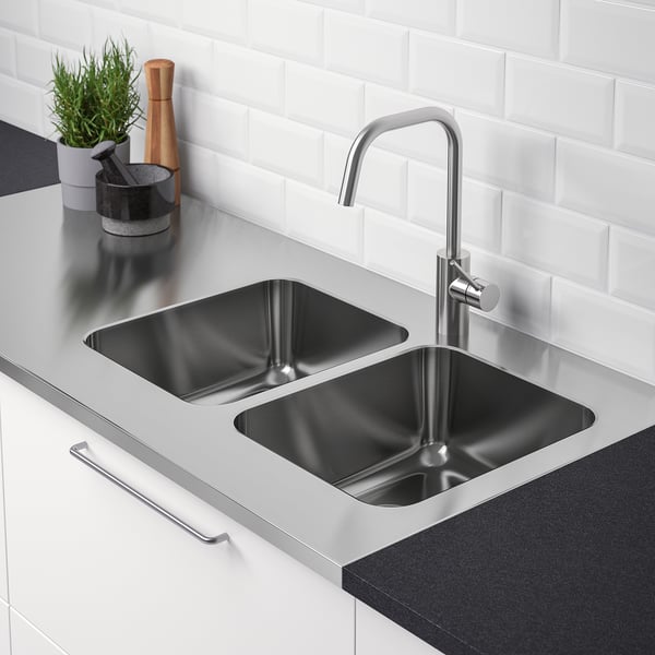 OLOFSJÖN Worktop with 2 integrated sinks, stainless steel, 140x63.5 cm