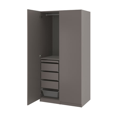 This image shows a grey PAX wardrobe with one open door, revealing shelves and drawers.