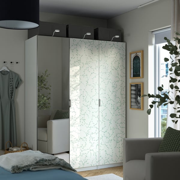 PAX / LINNABERG/ÅHEIM Wardrobe combination, white patterned/mirror glass, 150x58x201 cm