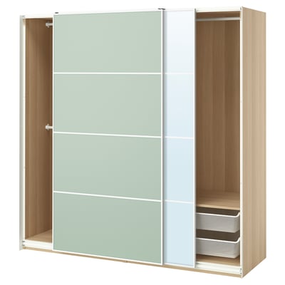 PAX / MEHAMN/AULI Wardrobe with sliding doors, white stained oak effect double sided/light green mirror glass, 200x66x201 cm