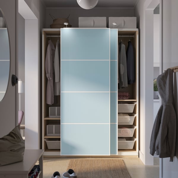 PAX / MEHAMN Wardrobe with sliding doors, white stained oak effect/double sided light blue, 150x66x201 cm