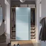 PAX / MEHAMN Wardrobe with sliding doors, white stained oak effect/double sided light blue, 150x66x201 cm