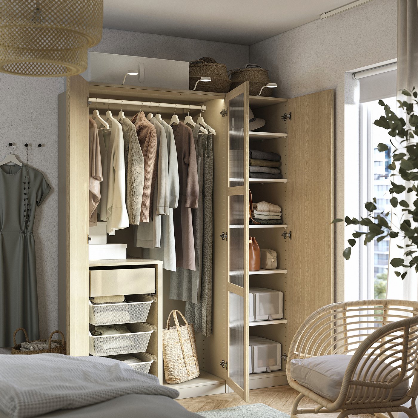 PAX / TONSTAD wardrobe combination, grey-beige/oak veneer glass