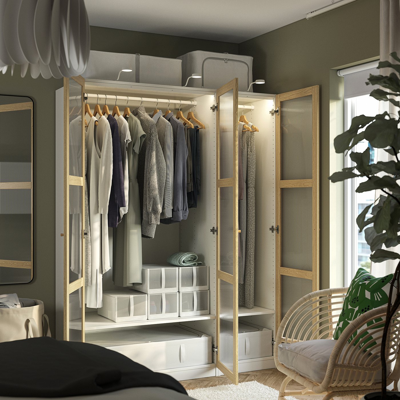 PAX / TONSTAD wardrobe combination, white/oak veneer glass