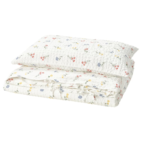 PILDVÄRGMAL Duvet cover and pillowcase, white/floral pattern, 150x200/50x80 cm