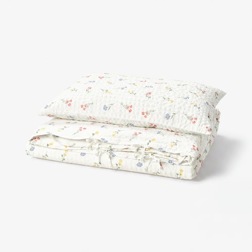PILDVÄRGMAL Duvet cover and pillowcase, white/floral pattern, 150x200/50x80 cm