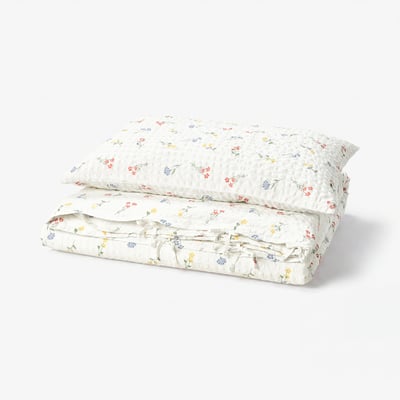 PILDVÄRGMAL Duvet cover and pillowcase, white/floral pattern, 150x200/50x80 cm