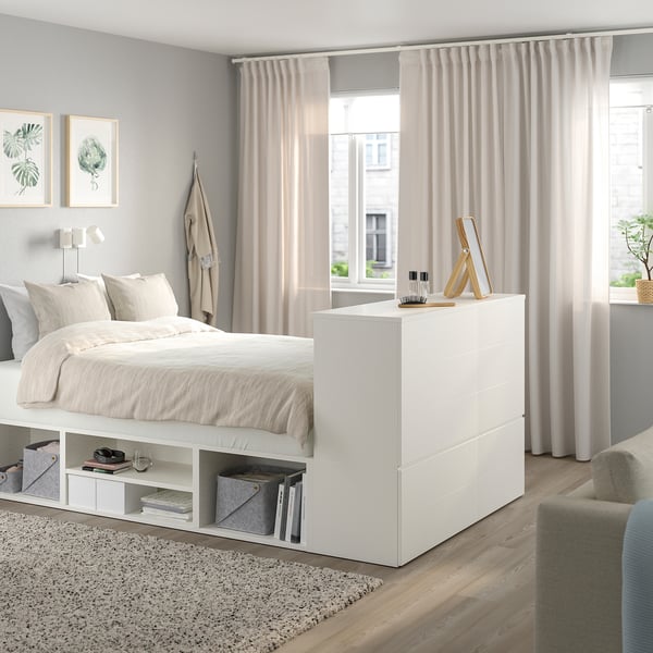 PLATSA Bed frame with 10 drawers, white/Fonnes, 140x244x103 cm