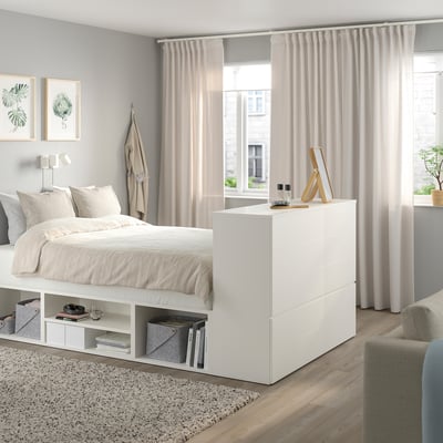 PLATSA Bed frame with 10 drawers, white/Fonnes, 140x244x103 cm