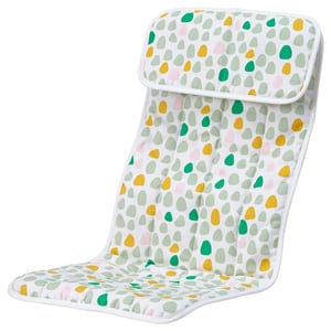POÄNG colourful cushion for kids, white with green, yellow, and pink dots, soft, padded, safe seat.