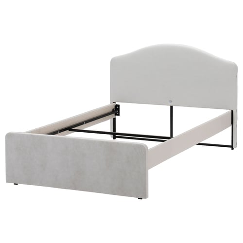 RAMNEFJÄLL bed, light grey, upholstered, curved headboard, metal frame.