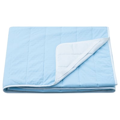 Light blue mattress protector, folded with white trim, soft texture.