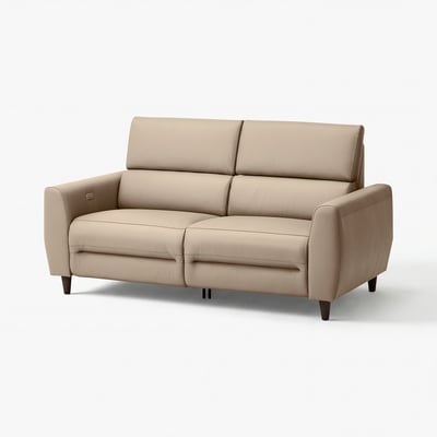 Beige RULLERUM sofa, leather & fabric, modern recliner, elegant design.