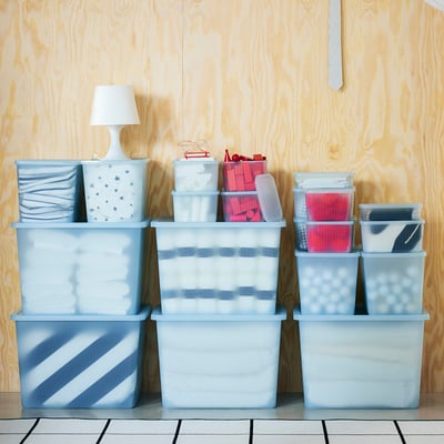 RYKTA Storage box with lid, transparent grey-blue, 18x24x12 cm/3.5 l