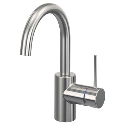Modern chrome SALLSJÖN tap with stainless steel and zinc details, sleek curved design.
