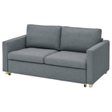 Grey recycled fabric sofa with gold legs.