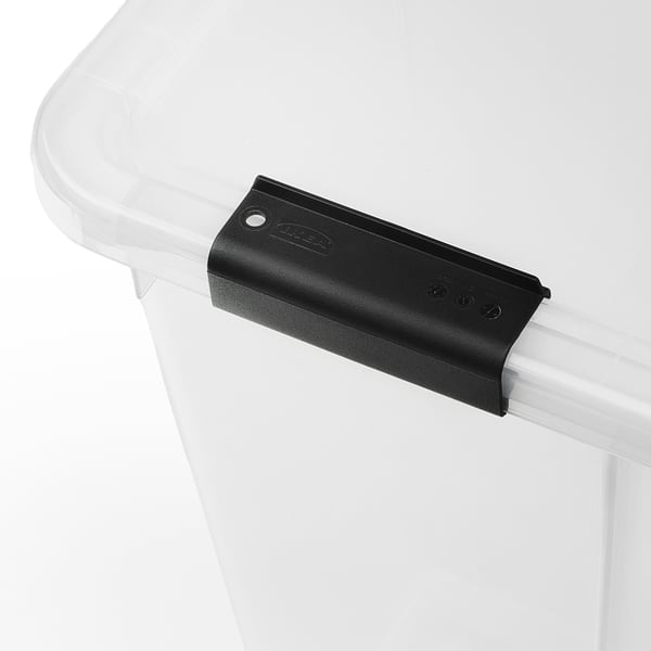 Black clip on clear container edge, secure design.