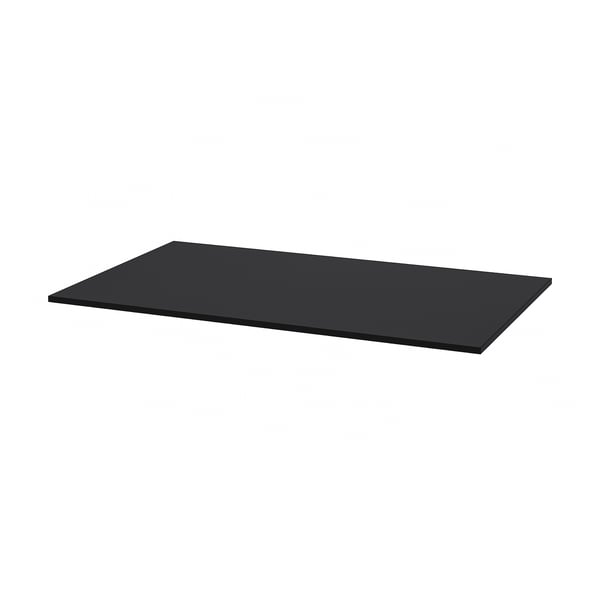 Black rectangular table top, smooth surface, made of melamine and particleboard.