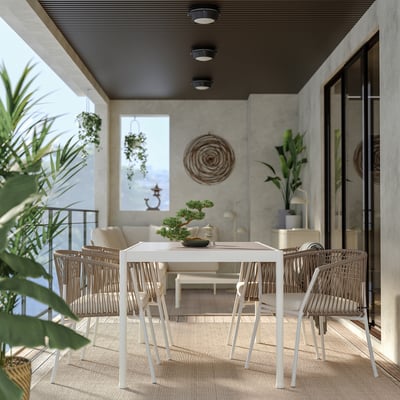 SEGERÖN Table and 4 chairs with armrests, outdoor white/beige/Frösön/Duvholmen beige, 147 cm