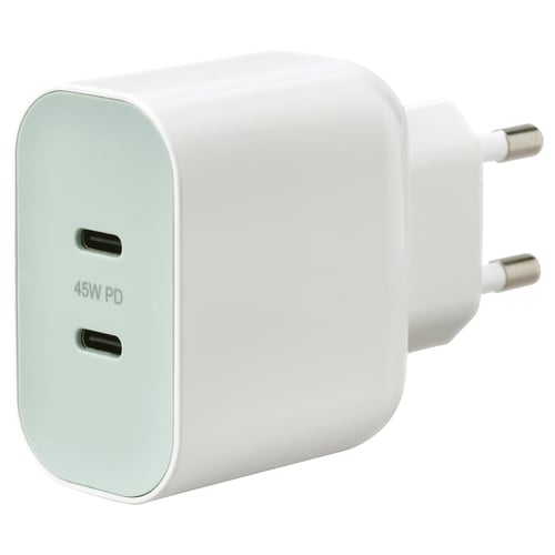 Small white dual usb-c charger, green detail, compact design, 45w pd, fits standard sockets.