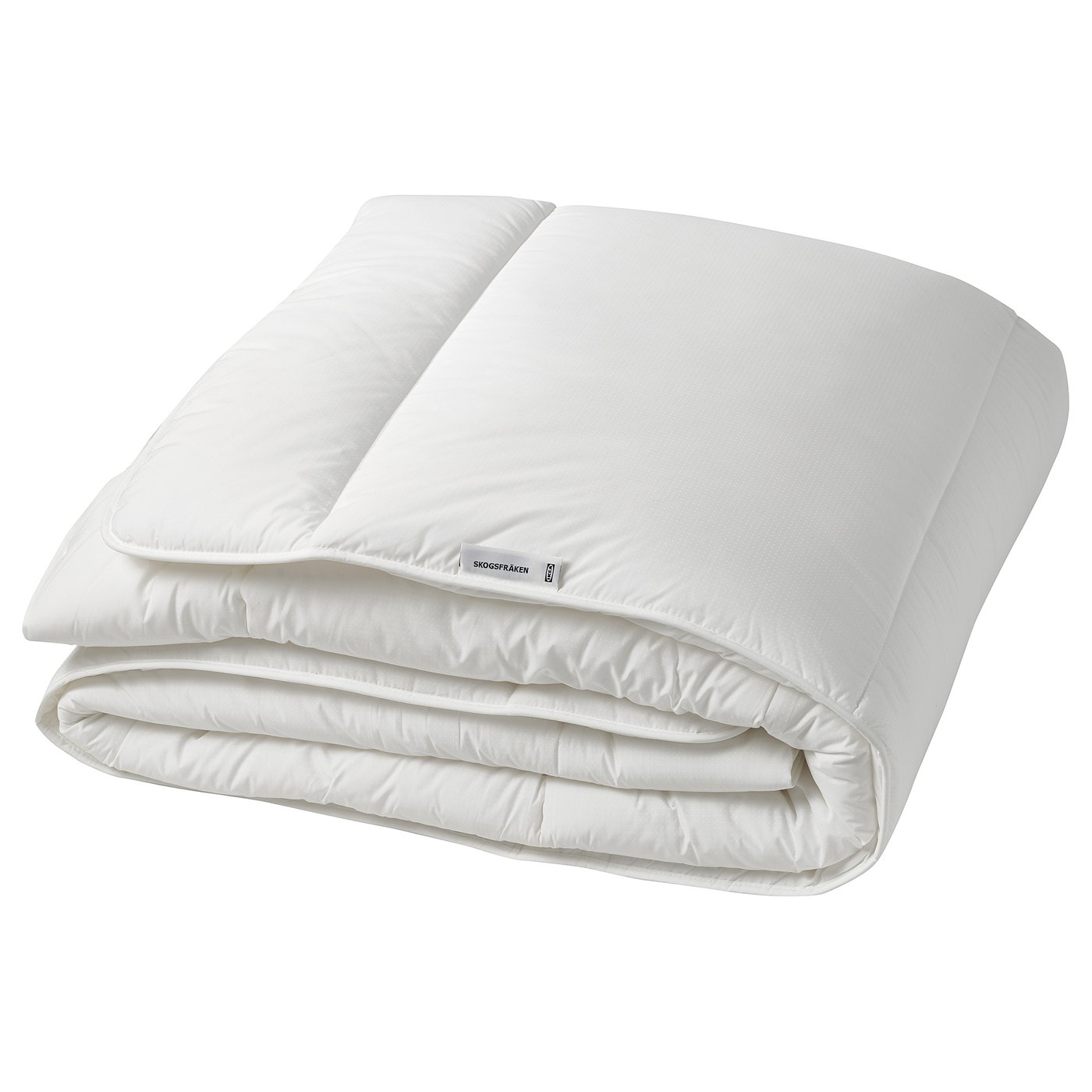 A white SKOGSFRÄKEN duvet folded. Its made of recycled polyester and lyocell, designed for warmth and breathability.