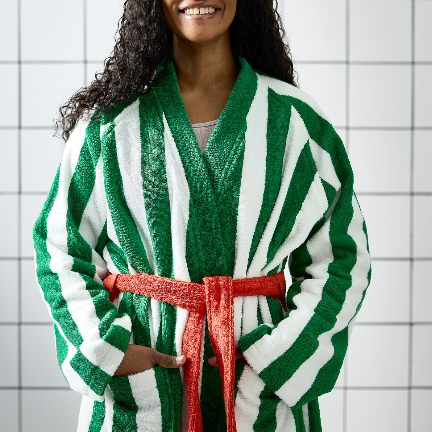 SKOGSSALLAT Bath robe green/white/striped S/M