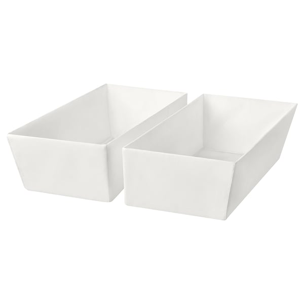 Two white, rectangular fabric storage boxes; simple, clean design with firm sides, ideal for organising small items.