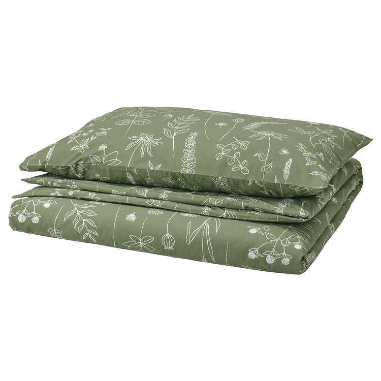SLÅNGULDMAL Duvet cover and pillowcase green/floral pattern IKEA