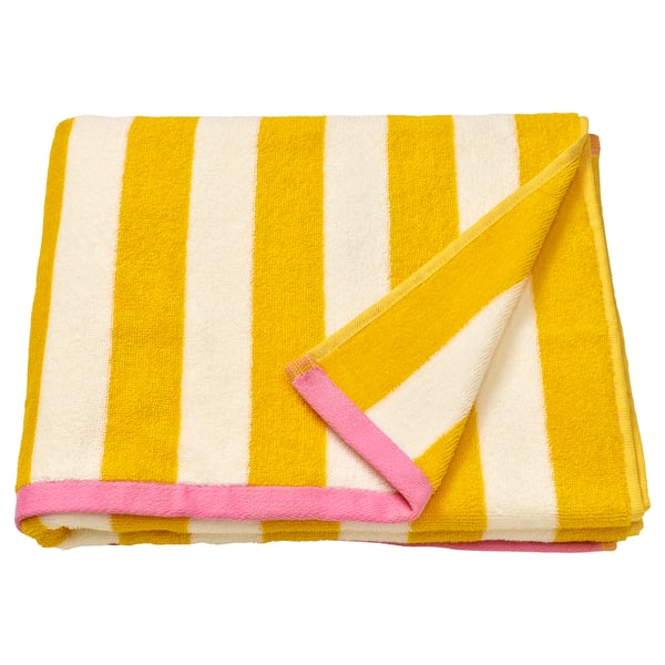 SLÅNHÖSTMAL towel, yellow & white stripes, pink edge, folded, cotton.