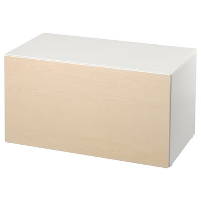 A white and light wood smastad storage bench, designed for tidying toys and large items.
