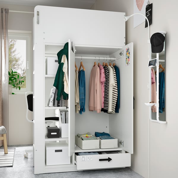 SMÅSTAD Loft bed, white pale pink/with desk with 3 drawers, 90x200 cm