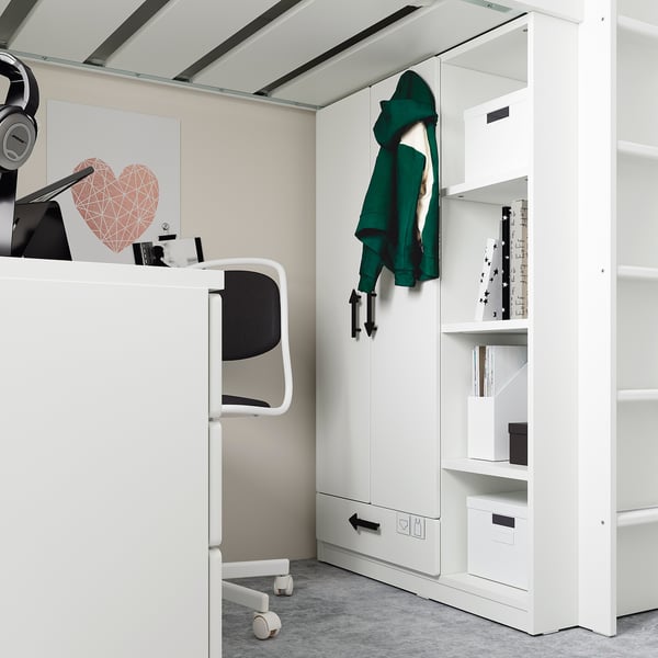 SMÅSTAD Loft bed, white pale pink/with desk with 3 drawers, 90x200 cm