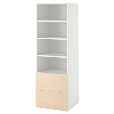 A white SMÅSTAD bookcase with open shelves and wooden drawers at the bottom.