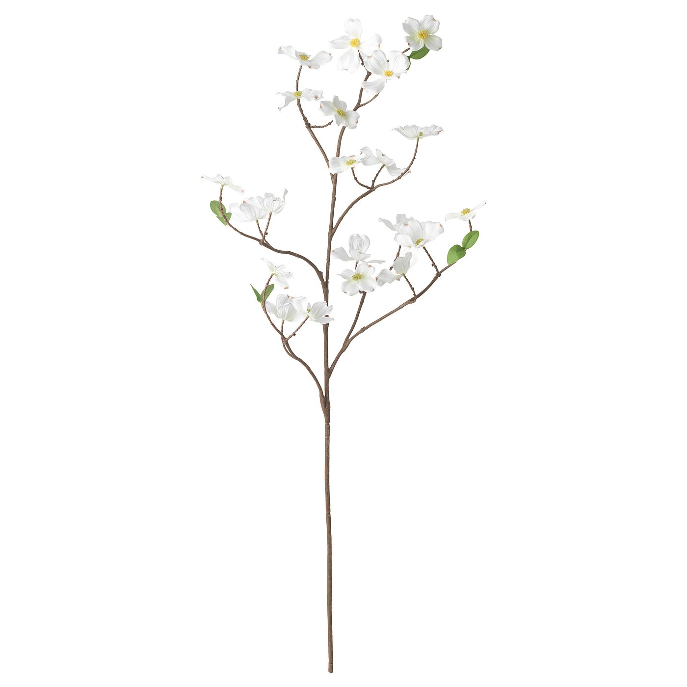 Artificial white flower branch with green leaves, made from recycled plastic, for decorative vases.