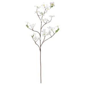 Artificial white flower branch with green leaves, made from recycled plastic, for decorative vases.
