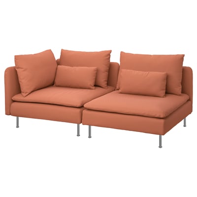An orange SÖDERHAMN sectional sofa with cushions, showcasing a modern, airy design with deep seats, high legs, and loose back cushions.