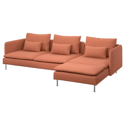 Bright orange l-shaped sectional sofa with six cushions, modern design.